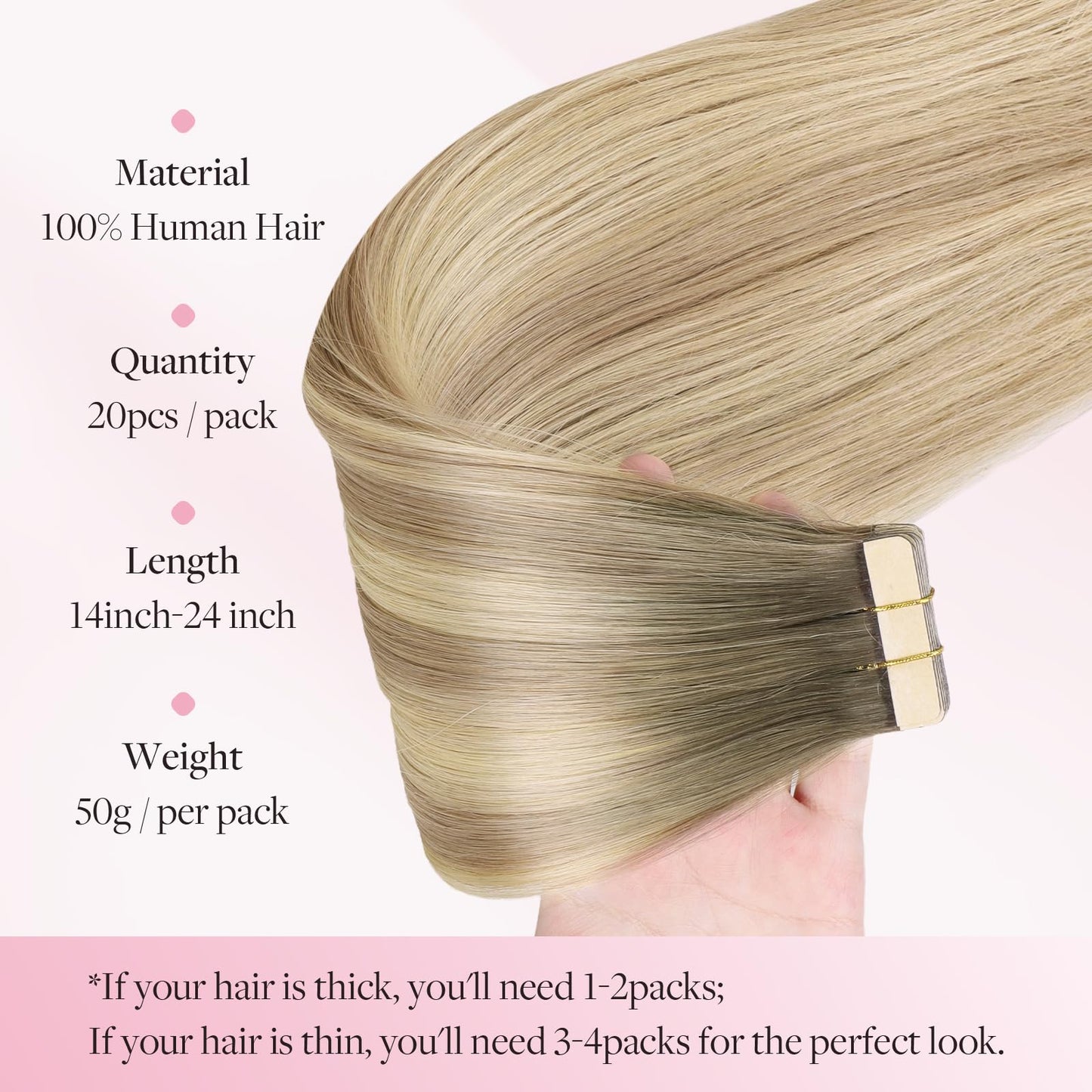 MAXITA Seamless Tape in Hair Extensions Human Hair, 100% Human Tape in Hair Extensions Light Ash Brown to Dirty Brown and Sun Blonde 14 Inch 50g 20pcs,Invisible Seamless Remy Tape for Extensions