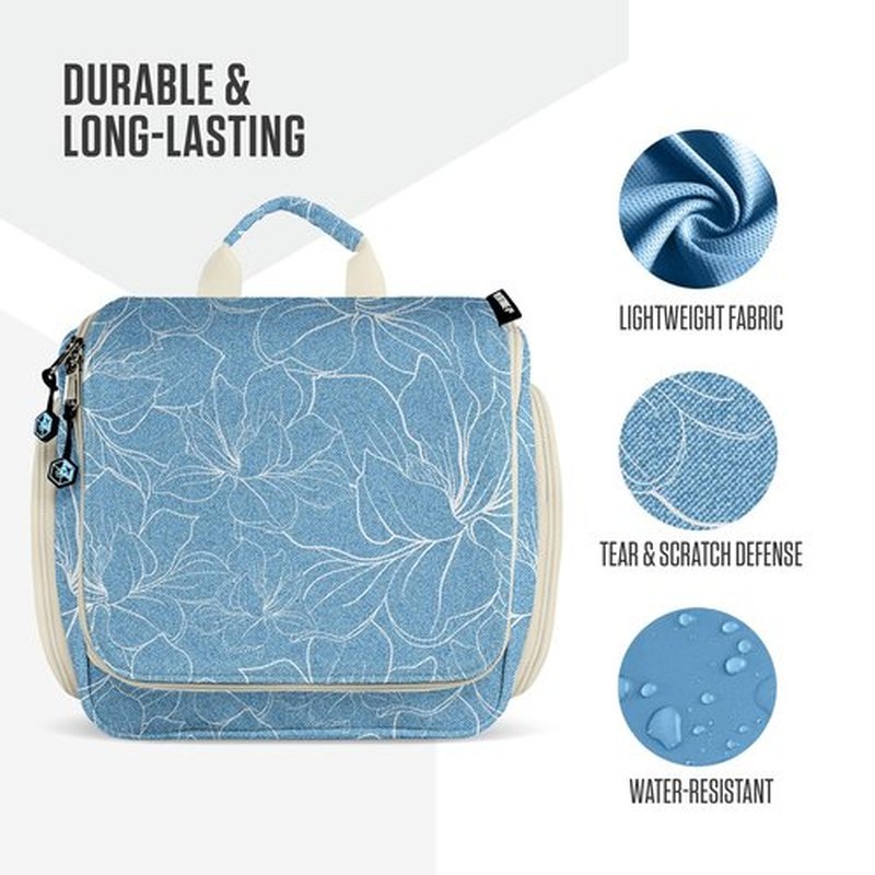 VENTURE 4TH Hanging Travel Toiletry Bag for Women & Men - Travel Organizer with Expandable Compartments & Removable Clear Pouch for Toiletries (Blue Flowers)