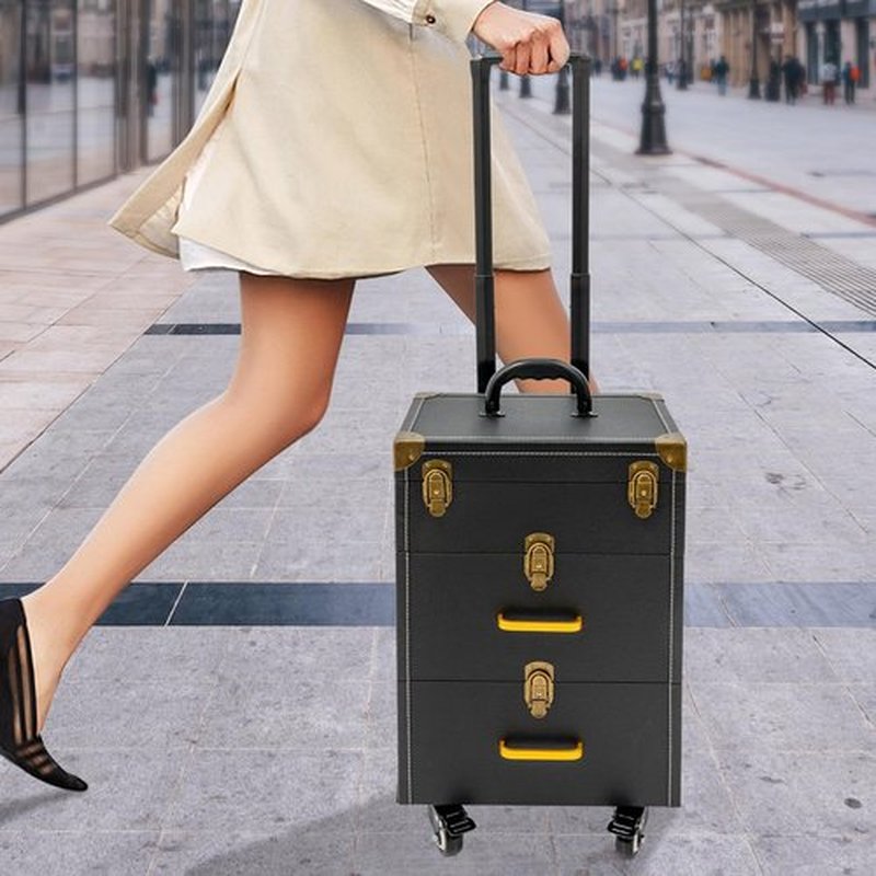 Rolling Makeup Case with Drawers&4 Wheel, Cosmetic Case Trolley, Make Up Suitcase Cosmetic Trolley, Portable Multifunction Makeup Suitcase, Jewelry Travel Cosmetic Train Case (Black+Bronze Color)