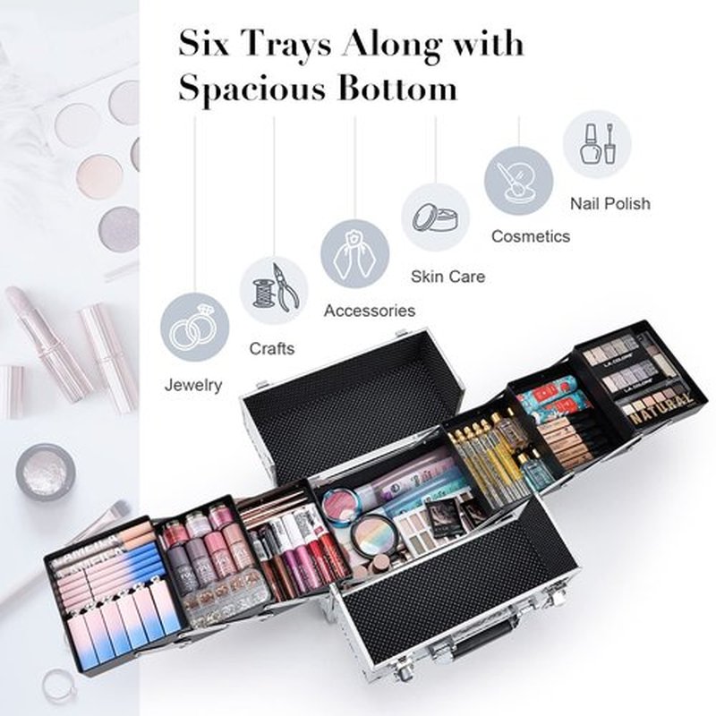 FRENESSA Makeup Case Cosmetic Organizer Case Extra Large 12 Inch 6 Trays Portable Makeup Organizer Case Make Up Carrying Box with Lockable for Esthetician Nail Students Craft Travel Glitter Silver
