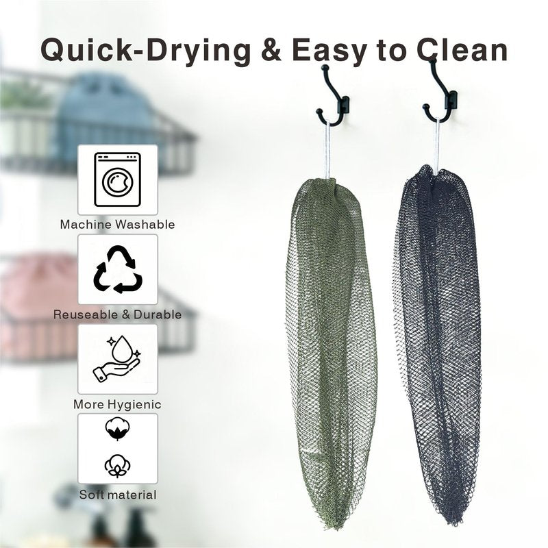 YUSAGO African Net Sponge Authentic,2 Pack Shower Loofah Exfoliating Body Scrubber, Stretchable Bath Sponge for Back Hard-to-Reach Areas, Long-Lasting Exfoliating Washcloth for Women (Black & Green)