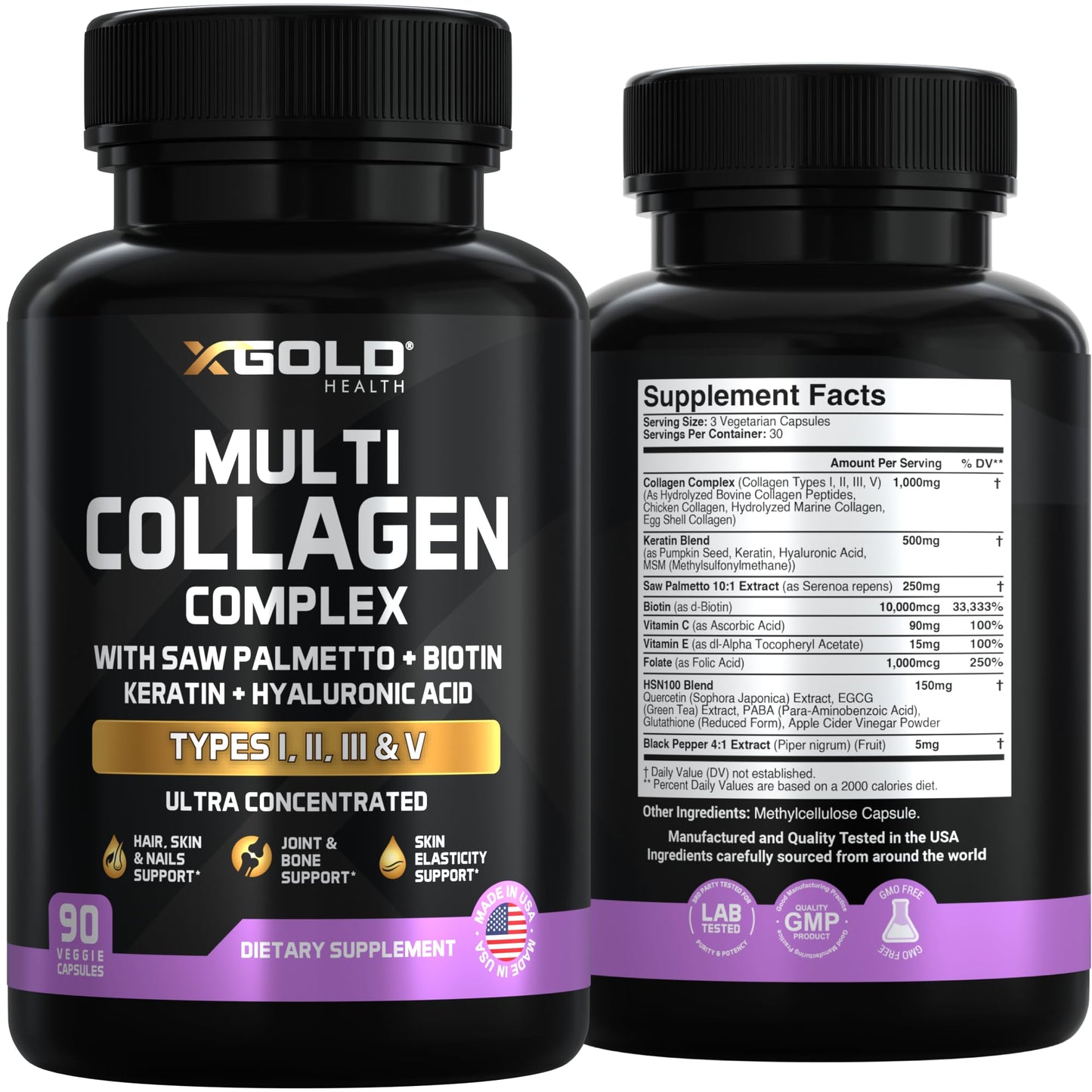 X Gold Health Multi Collagen Types I, II, III & V with Biotin 10,000 mcg, Keratin, Hyaluronic Acid, Saw Palmetto, Hair Skin & Nails Formula, 90 Capsules