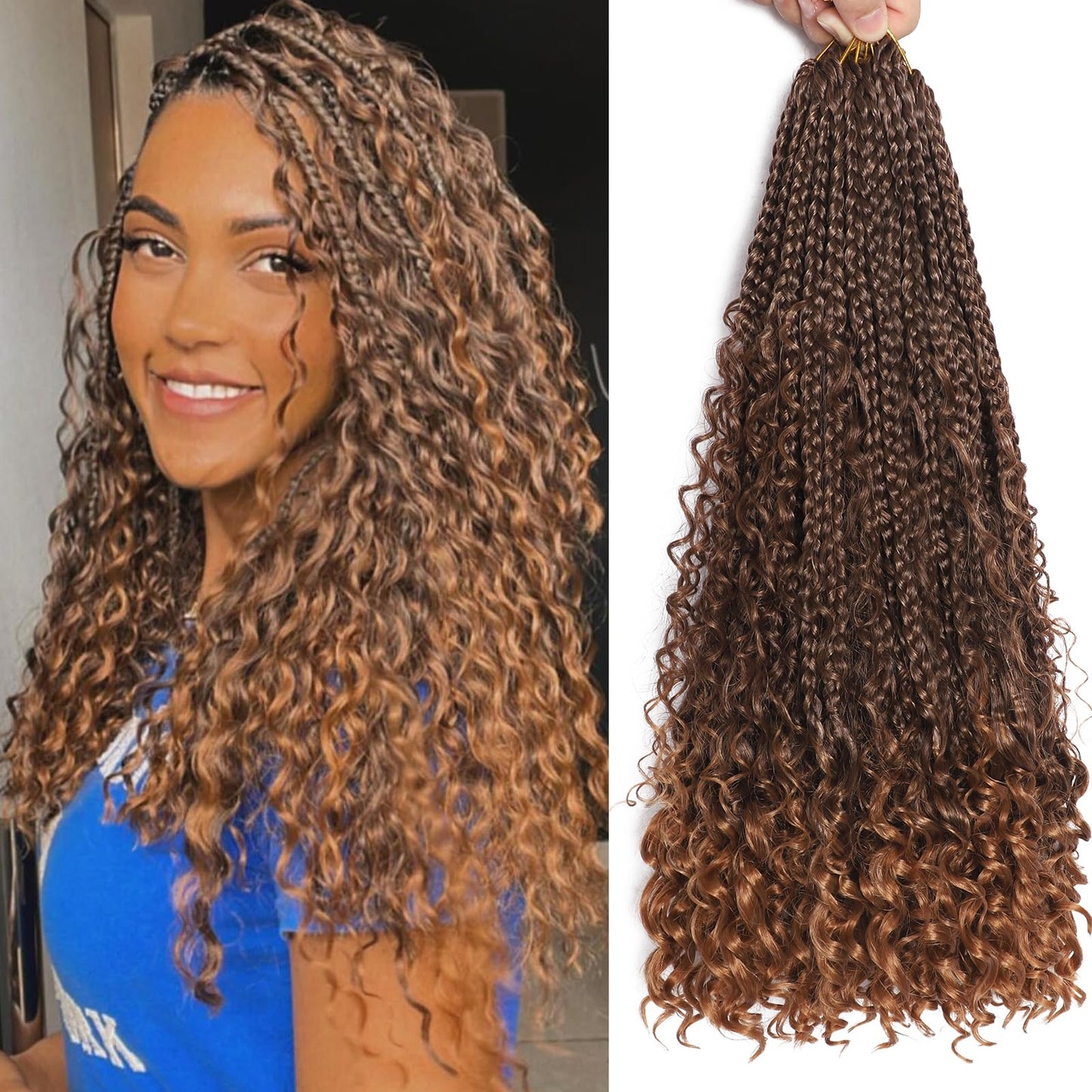 Goddess Box Braids Crochet Hair 7 Packs 18 Inch Boho Crochet Braids for Women Color T4/30 Pre-looped Bohemian Crochet Box Braids With Curly Ends Ombre Brown Boho Box Braids Braiding Hair Extensions