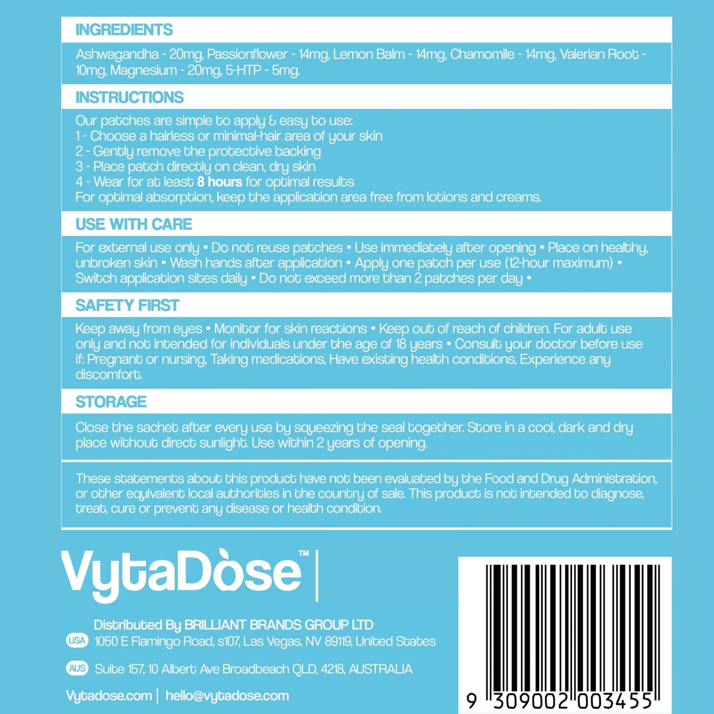 Vytadose Natural Melatonin-Free Herbal Sleep Patches for Adults - No Added Hormones - 8-Hour Time-Release Formula - Ashwagandha, Magnesium, Passionflower, Valerian Root, Lemon Balm & Chamomile