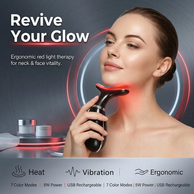 Facial and Neck Massager,7-Color Adjustable LED Lights, Heating and Vibration Functions;Red-Light-Therapy-for-Face Massager Suitable for The Face, Neck,Beauty and Skincare Gifts for Both Women Men