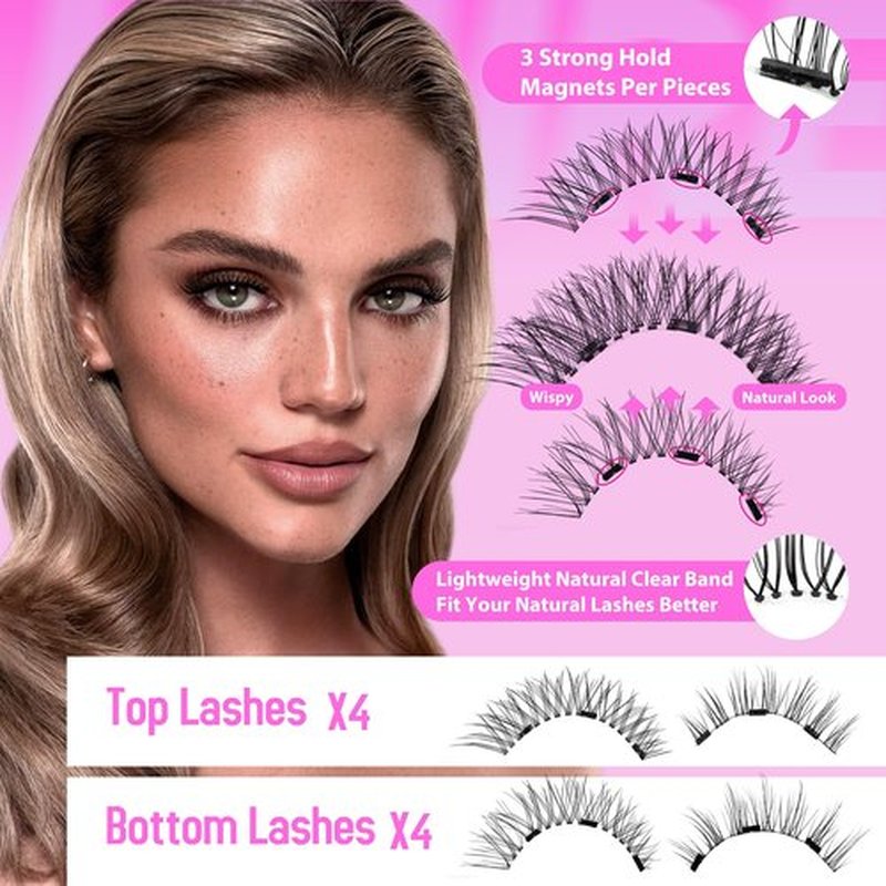 JIMIRE 2 Pairs Magnetic Eyelashes Natural Look Reusable Magnetic Eyelashes without Eyeliner Wispy Magnetic Eyelashes with Applicator No Glue, Remove, Eyeliner Need Magnetic Lashes Clear Band