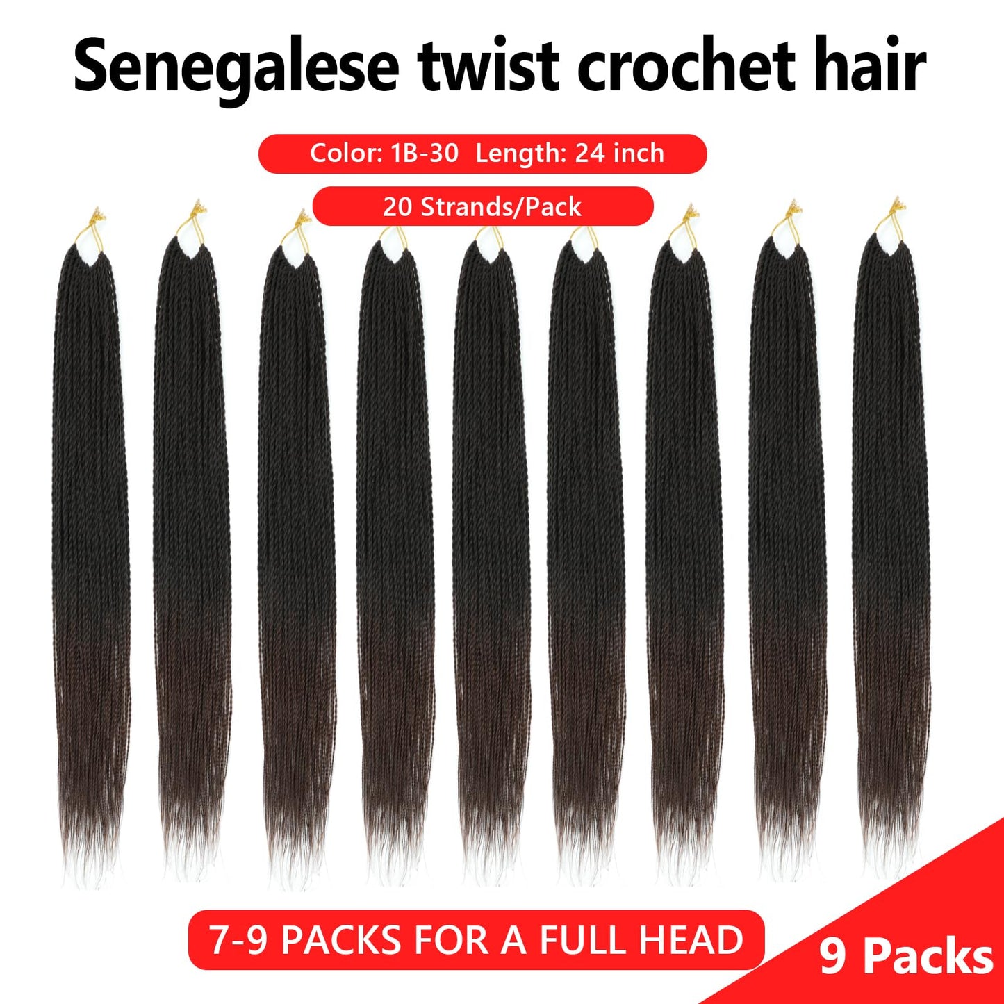 Senegalese Twist Crochet Hair for Black Women 24 Inch Pretwisted Crochet Hair 9 Packs Boho Goddess Twist Crochet Hair Pre Looped Hot Water Setting Crochet Twists with Natural Straight Ends
