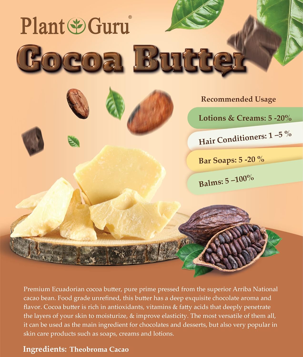 Raw Cocoa Butter 14.5 oz. 100% Pure Natural Unrefined FOOD GRADE Arriba Nacional Cacao Bean, Great For Chocolate Making, Soap, Lip Balm and Moisturizer For DIY Body Butters