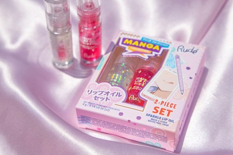 RUDE Cosmetics Manga Collection Sparkle Lip Oil Set, Cute Lip Gloss for Women & Girls, Hydrating & Moisturizing Lipgloss for Smooth, Nourished Lips, Long Lasting Glossy, Watermelon & Mint