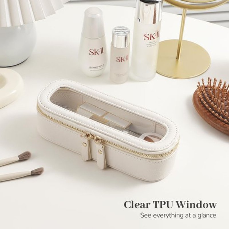 Aveniee Slim Clear Makeup Brush Bag, Small Cosmetic Brush Holder, Mini Toiletry Bag Travel Case for Women, Thin Make up Bags with Dual Zipper, Cute Travel Essentials Bag Organize - White