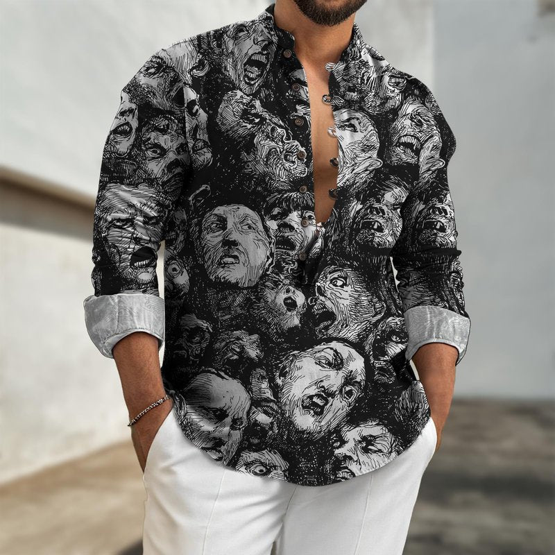 domirica Henley Shirts for Men Long-Sleeved Button Up V Neck Tee Shirts Retro Fall Casual Washed T-Shirts Vacation Beach Party 2025 Summer Clothes Face,S