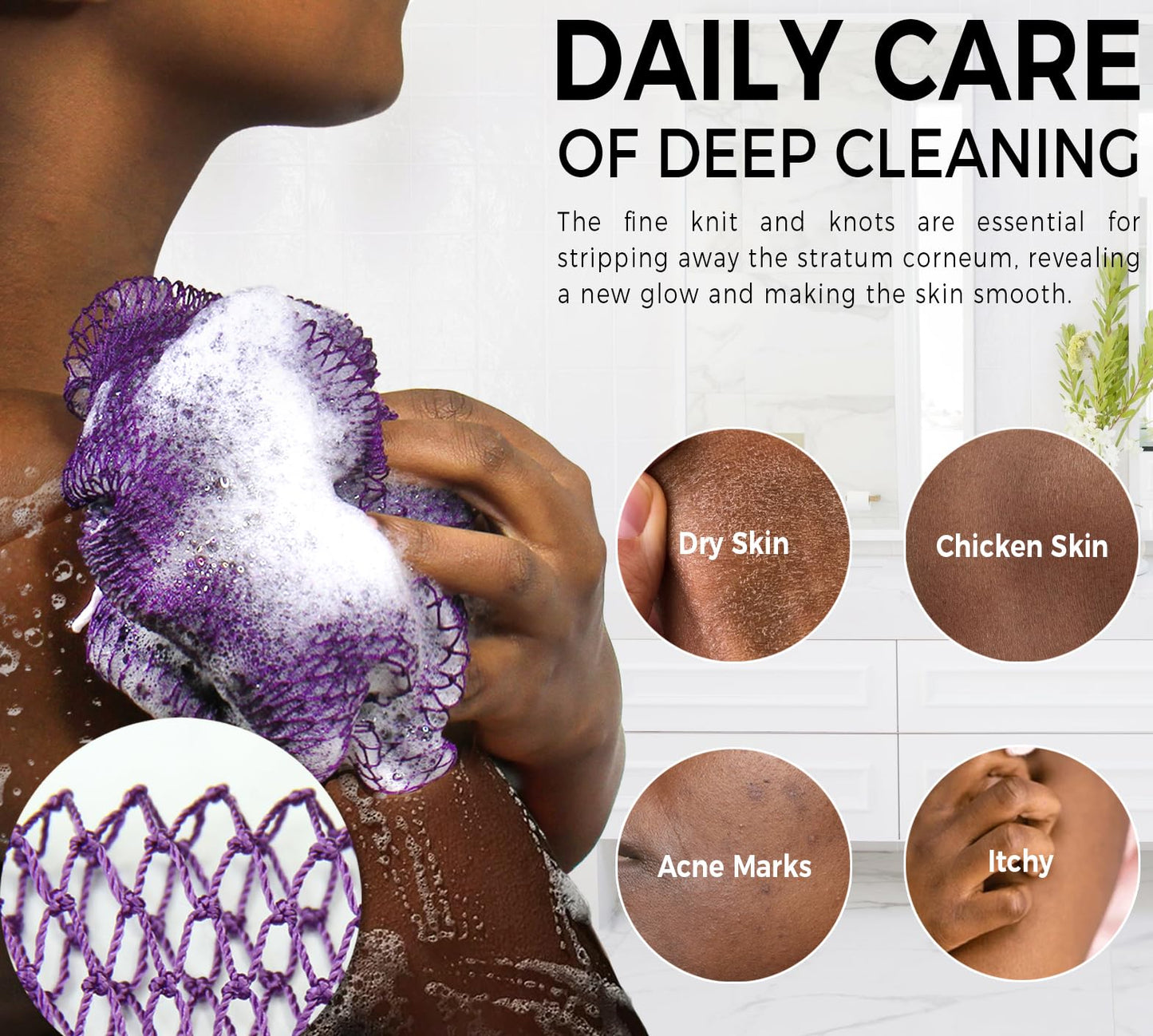 African Net Sponge Authentic - 2 Pieces Real African Exfoliating Loofah Sponge with Knots - African Net Wash Cloths for Body Scrubber Exfoliator Purple & Pink - Back Scrub for Shower Bath Accessories
