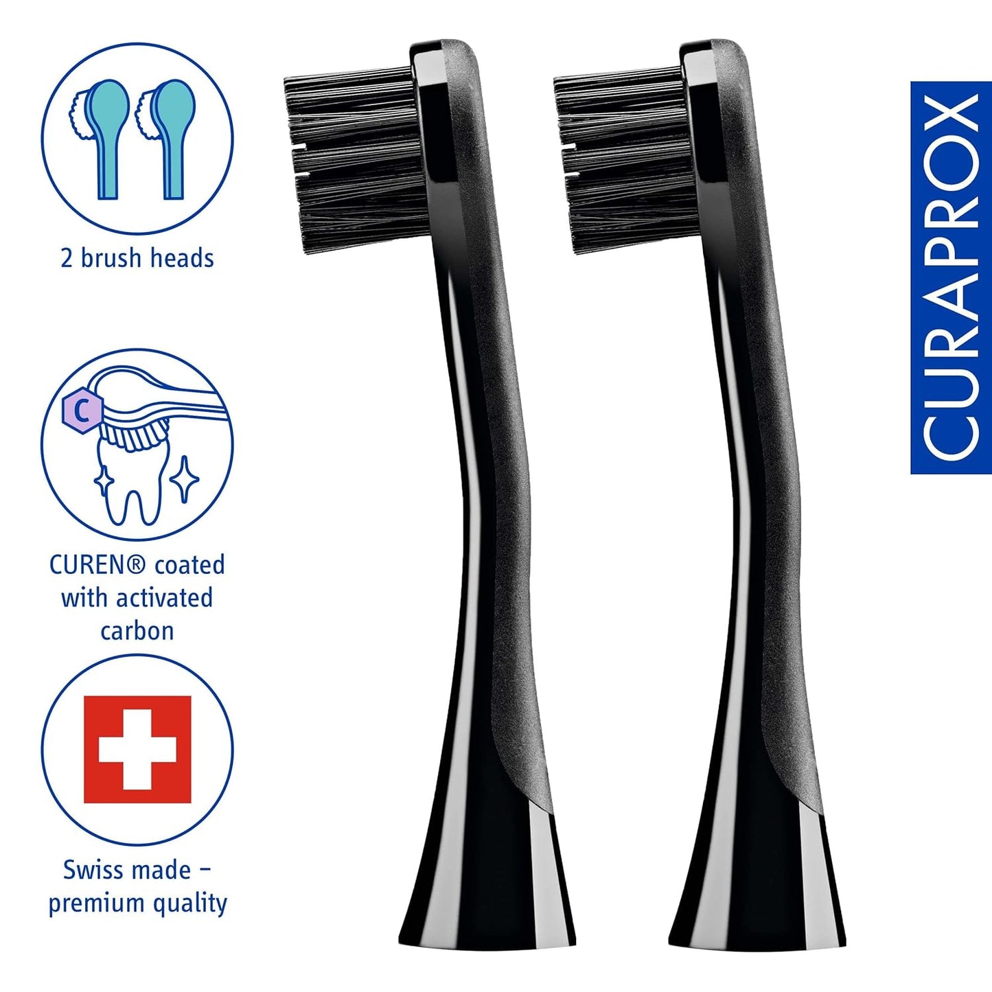 Curaprox Hydrosonic Replacement Brush Heads Duo – Black & White for Plaque Removal & Whitening, 2-Pack