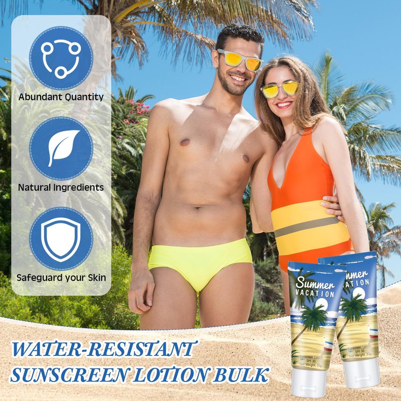 Dansib 12 Pcs Mini Sunscreen Bulk for Summer Party Wedding SPF 30 Water Resistant Sunscreen Lotion Bulk 1oz Travel Size for Thank You Gifts Wedding Supplies (Vacation Time)