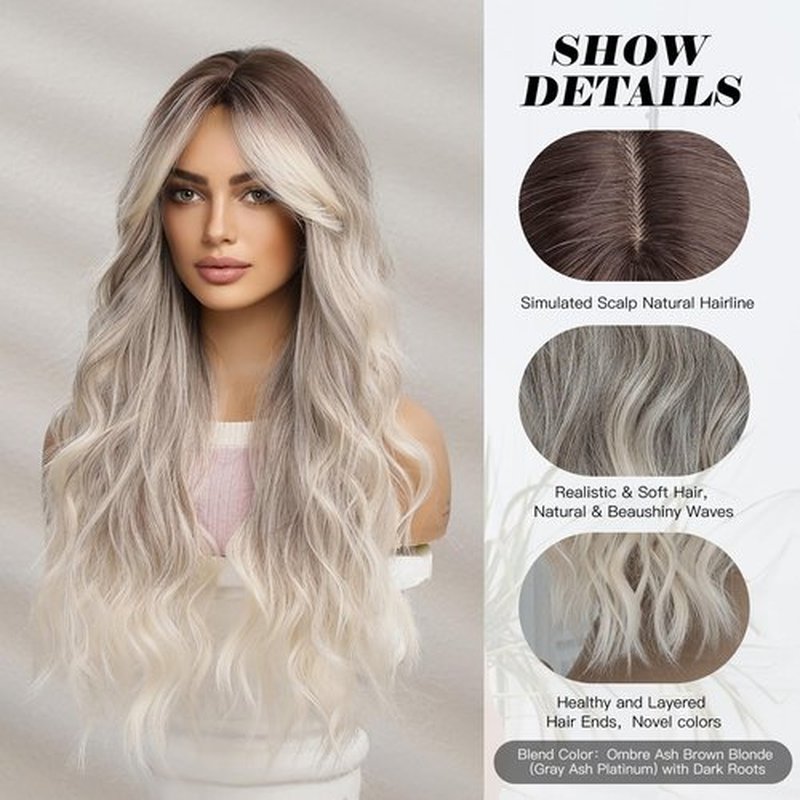 OMELPIS Long Ombre Brown Ash Blonde Wavy Wig with Bangs for Women Natural Butterfly Haircut Gray Ash Platinum Dark Roots Layered Wavy Synthetic Wigs Curtain Bangs Curly Hair Daily Party Dating 26In