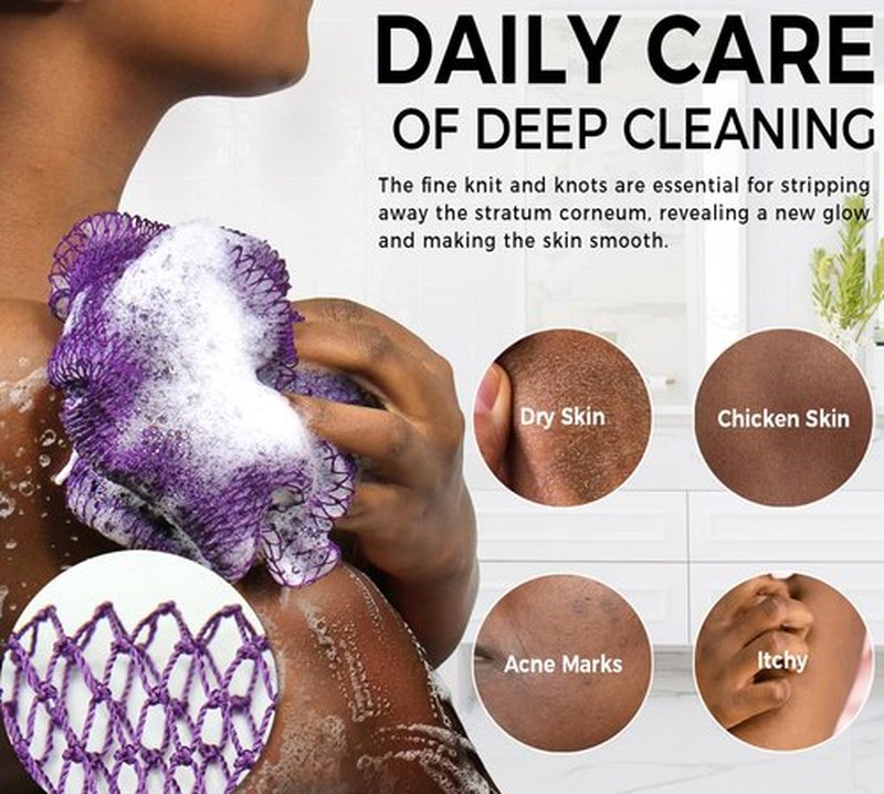 Loofah Sponge African Net Authentic - 2 Pieces Real African Exfoliating Sponge with Knots - African Net Wash Cloths for Body Scrubber Exfoliator Purple & Green - Back Scrub for Shower Bath Accessories