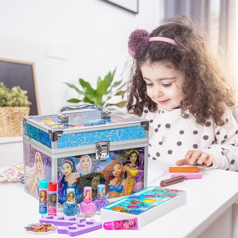 Little Mermaid Train Case Beauty Set, Kids Makeup Kit for Girls, Real Washable Toy Makeup Set, Play Makeup, Pretend Play, Party Favor, Birthday, Toys Ages 3 4 5 6 7 8 9 10 11 12