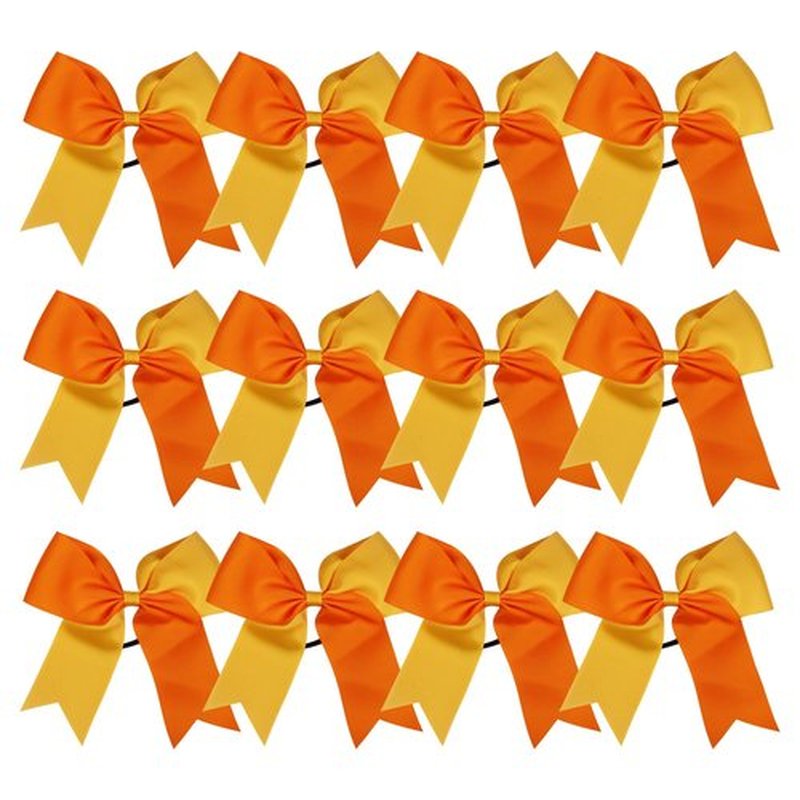 Cheer Bows 6 Inch 2 Color Ponytail Holder Hair Tie 16 Pcs Hair Bow Cheerleader Bows Hair Tie (Orange/Gold)