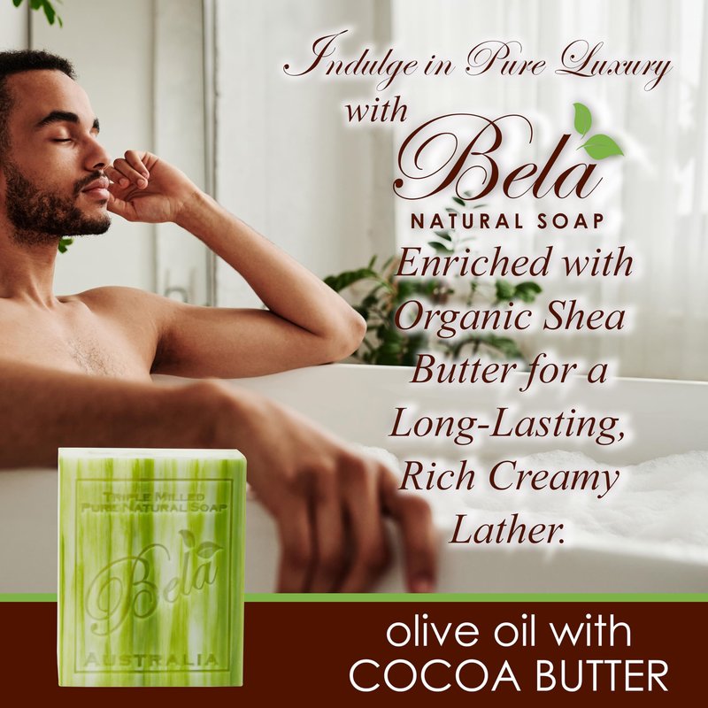 BELA Olive Oil and Cocoa Butter Soap, 3.3 OZ Pack of 6, Long Lasting French Triple Milled Bar Soap with Organic Shea Butter, Hand, Face and Body Wash Bar, Made in Australia