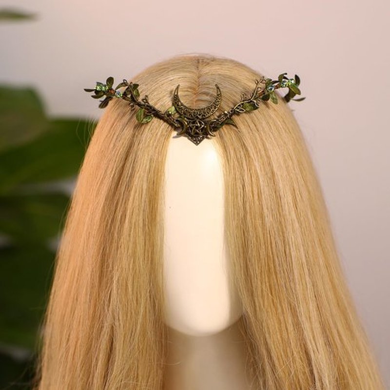 MOSTORY Handmade Moon Elf Crown - Elven Circlet Woodland Forest Headpiece Fairy Goddess Tiara Medieval Queen Accessory for Women Girls Halloween Cosplay Renaissance Accessory Green
