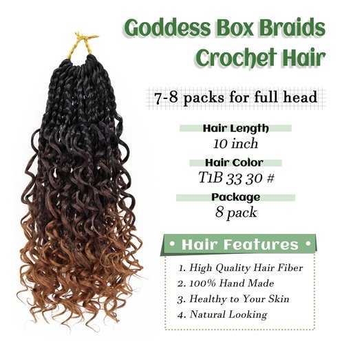 Eerya 8 Packs Boho Box Braids Crochet Hair for Black Women 10 Inch Goddess Box Braids Pre-looped Bohemian Crochet Box Braids With Curly Ends Synthetic Crochet Hair Extensions (10 inch, T1B/33/30)