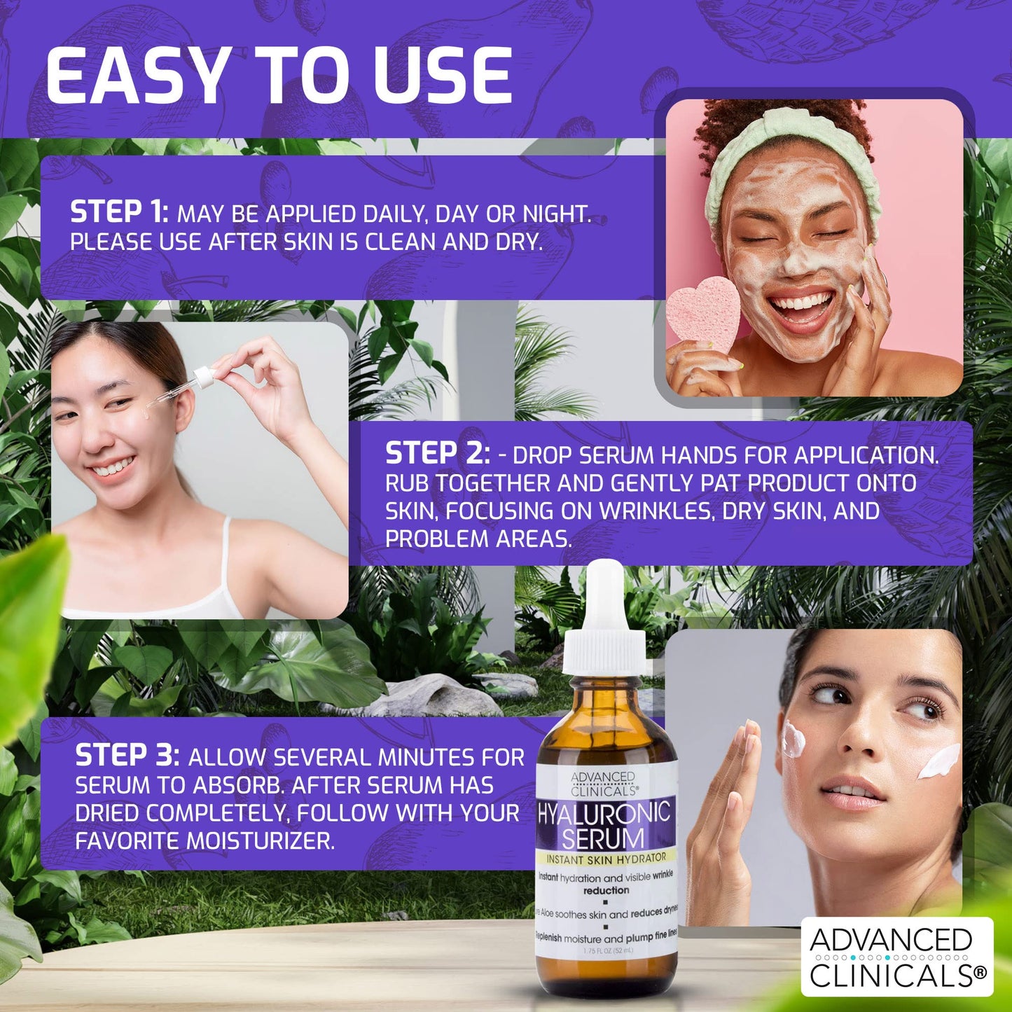 Advanced Clinicals Hyaluronic Acid Face Serum Skin Care Facial Moisturizer To Restore Skin, Anti Aging Face Serum For Wrinkles, Dark Spots, Fine Lines, & Dry Skin, 1.75 Fl Oz (Pack Of 2)