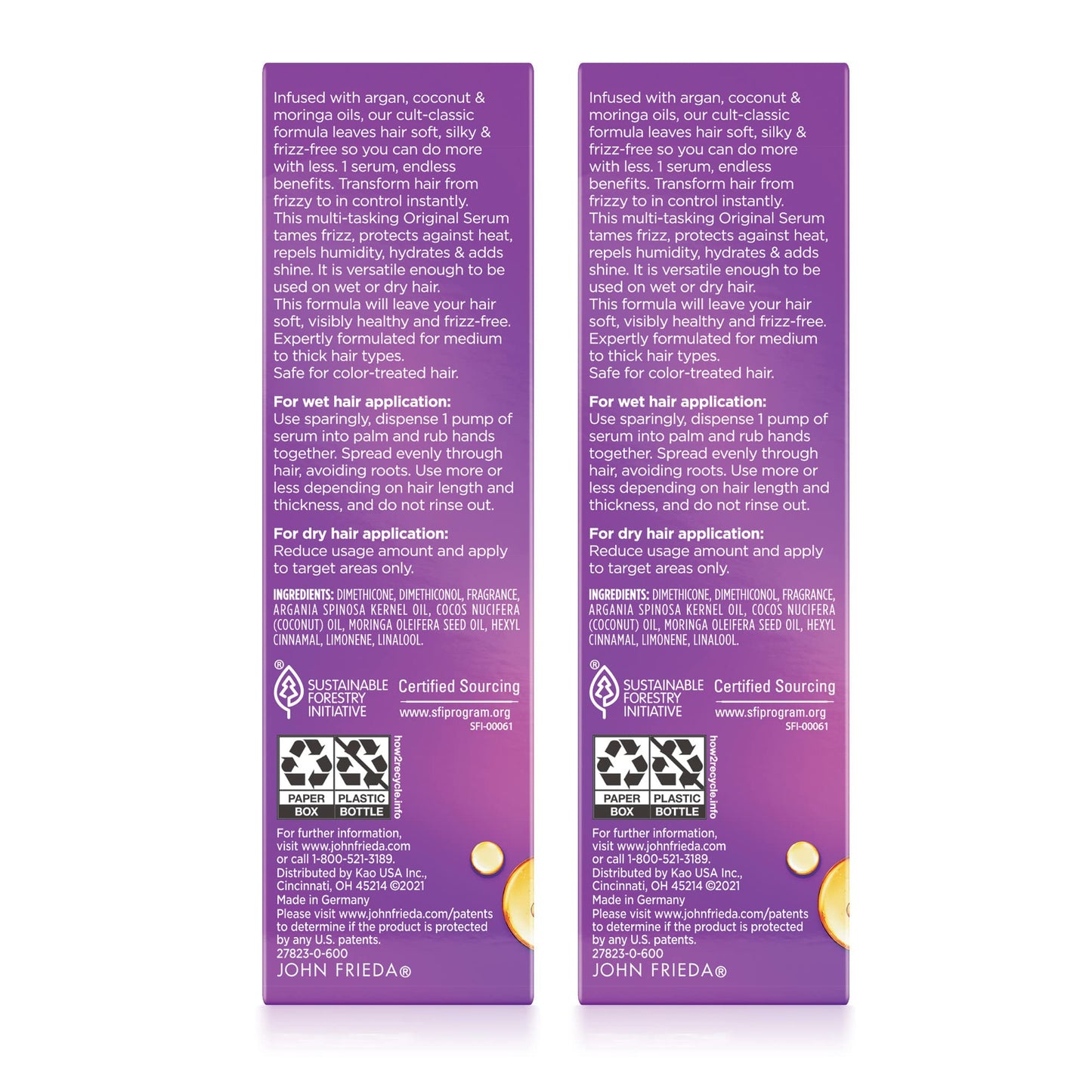 John Frieda Frizz Ease Original Hair Serum, Protecting Against Frizz, Heat, and Humidity While Adding Shine, Hydratesand Smooths Hair with Argan, Coconut, and Moringa Oil, 1.69 Oz, Pack of 2