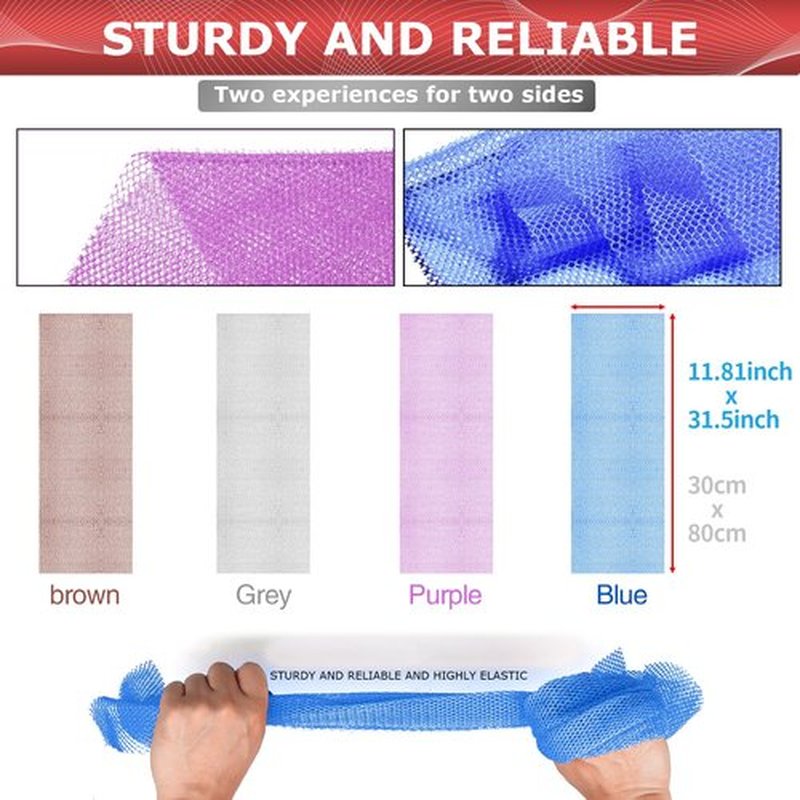 RIUOTA 4 African Net Sponge Mesh Long Mesh Bath Sponges - Exfoliates and Refreshes Skin for a Silky Smooth Shower Experience (Brown, Blue, Purple,Grey)