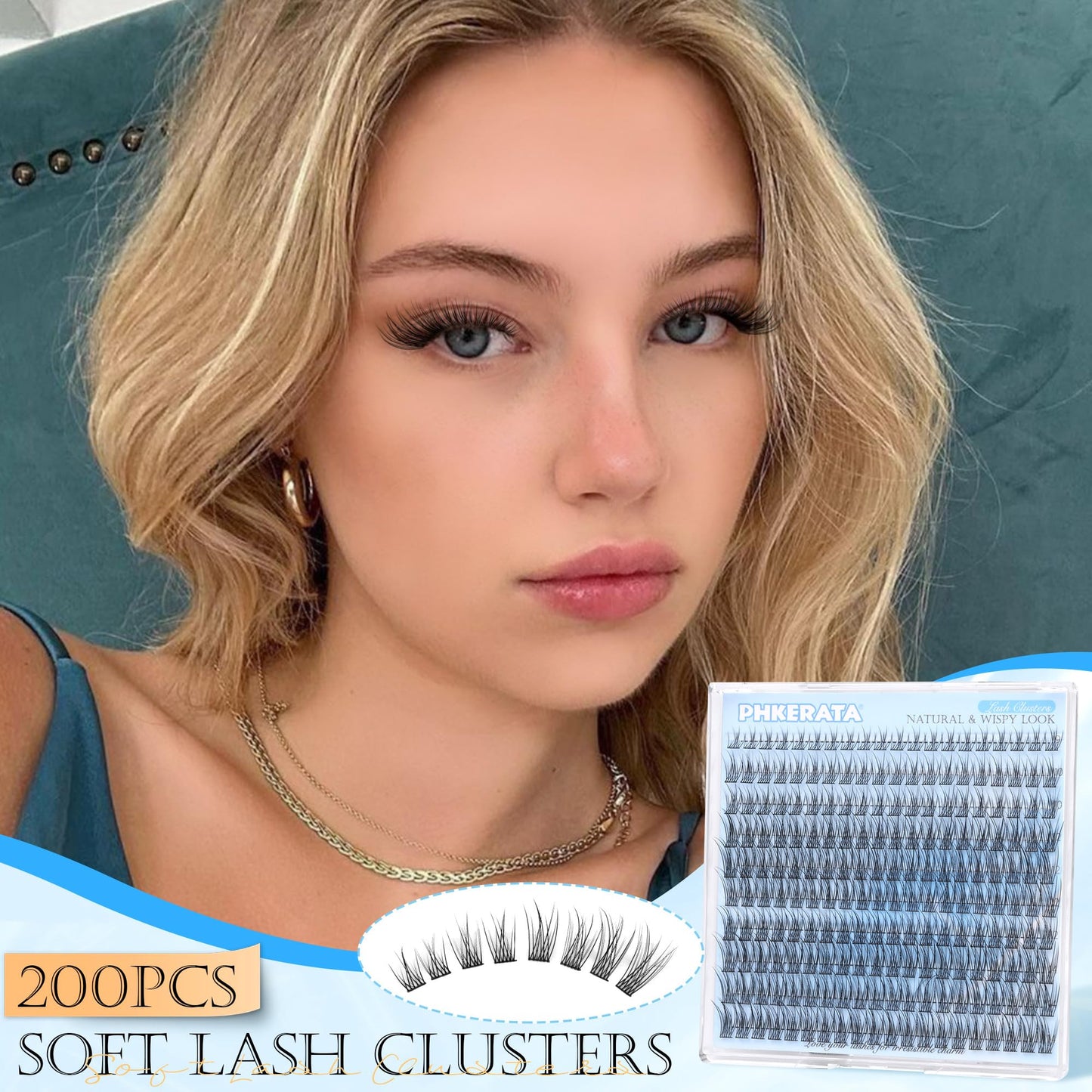 PHKERATA Natural Lash Clusters Wispy Eyelash Clusters C Curl Lashes Clusters 200Pcs Individual Lashes DIY Cluster Eyelash Extensions with Soft Lash Band, 9-14 mm Mix