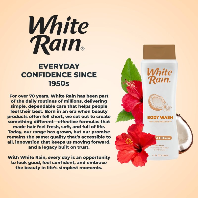 White Rain Coconut & Hibiscus Moisturizing Body Wash for Women & Men - Coconut Body Wash for Dry Skin, Gentle Paraben-Free Formula with Botanical Extracts for Everyday Use, 12 fl oz, Pack of 3