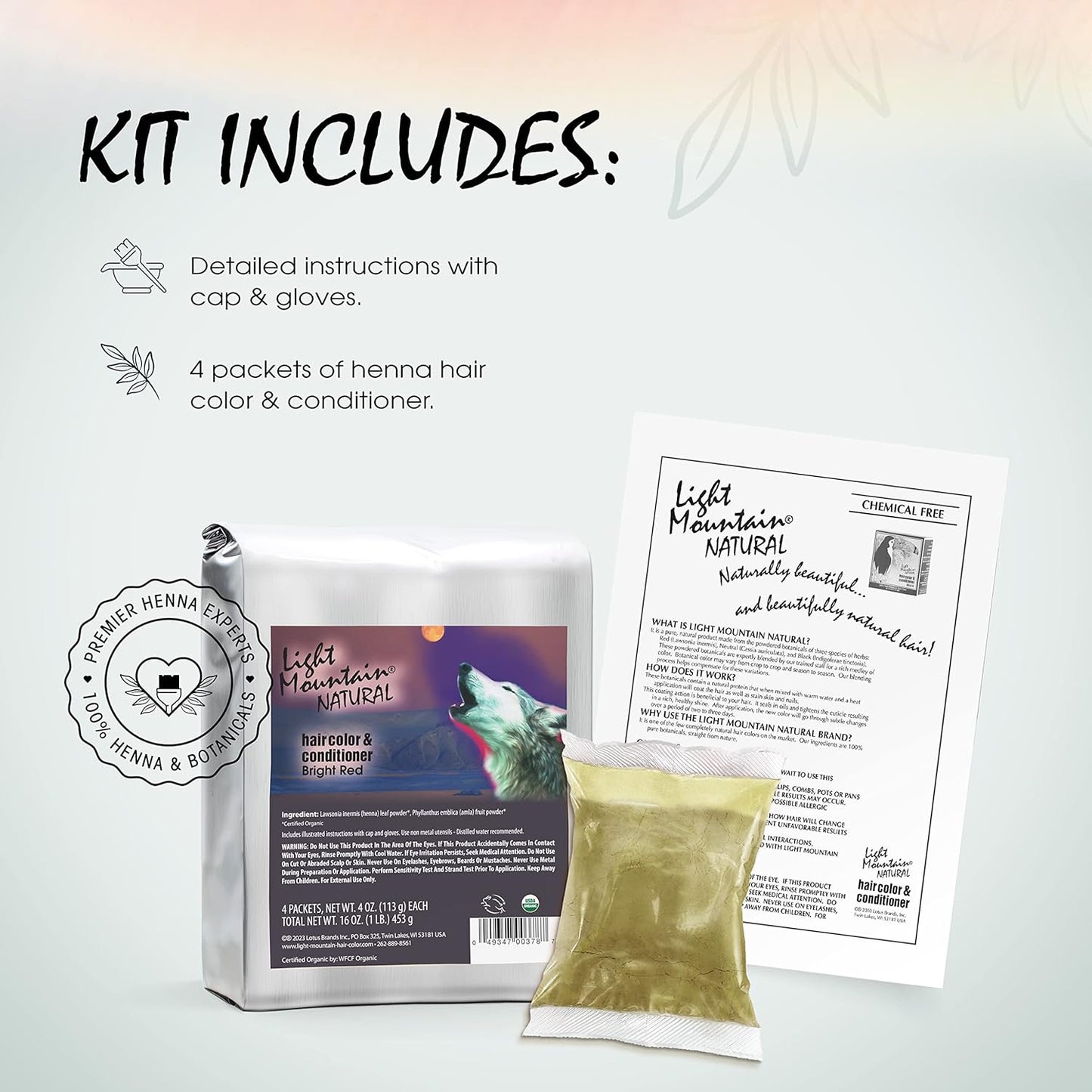 Light Mountain Henna Hair Color & Conditioner – Red Hair Dye, Organic Henna Leaf Powder and Botanicals, Chemical-Free, Semi-Permanent Hair Color + 4 Hair Clips