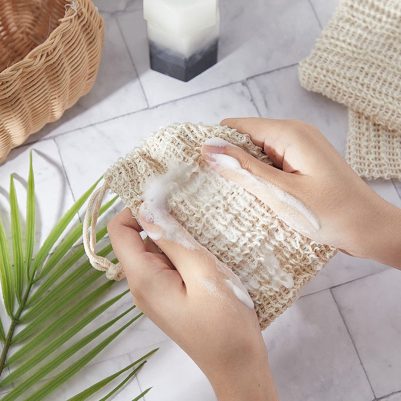 BBTO 5 Pieces Soap Saver Bag Cotton Linen Exfoliating Soap Pouch for Foaming and Drying, Shower, Scrubber(10 x 15 cm,Beige)