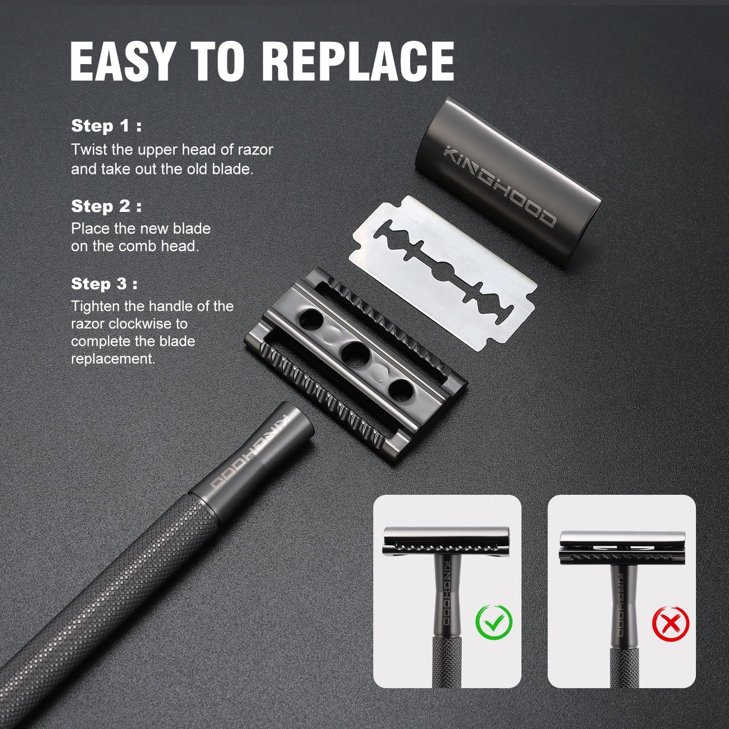 KINGHOOD Safety Razor One Blade Razor Single Blade Razor Metal Razor Reusable Razor Double Edge Razor Closed Comb Safety Razor Brass Reusable Razor Black