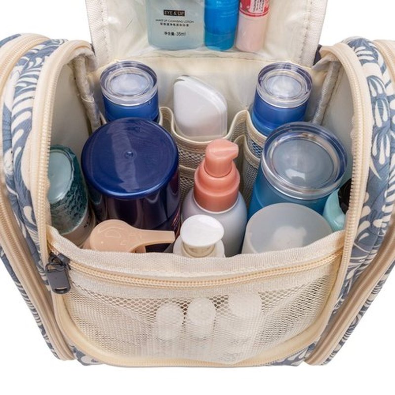 Narwey Small Hanging Toiletry Bag Women Travel Makeup Bag Organizer Toiletries Bag for Travel Size Essentials Accessories Cosmetics (Medium, Blue Leaf)
