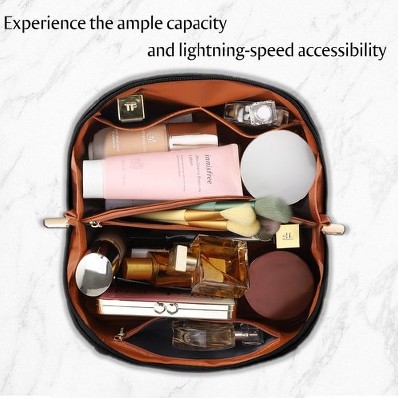 ALEXTINA Large Capacity Travel Cosmetic Bag - PU Leather Makeup Organizer Bag Portable Woven Makeup Bags for Women Waterproof Travel Toiletry Bag with Divider Pouch, Black