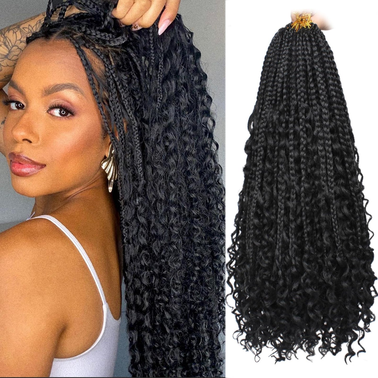 Unionbeauty Boho Box Braids Crochet Hair 16 Inch Black Goddess Box Braids Crochet Hair Curly Ends 8 Packs Bohemian Hippie Box Braids Synthetic Braiding Hair for Black Woman Crochet Box Braids 1B#
