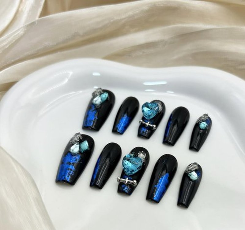 Wsliana Handmade Press On Nail Dark Blue.Diamond Press On Nail Medium Coffin Acrylic Fake Nails with Charm 3D Design,Reusable Glue On Nail for Woman Girls Gift,Set of 10pcs Glossy False Nail(008 S)