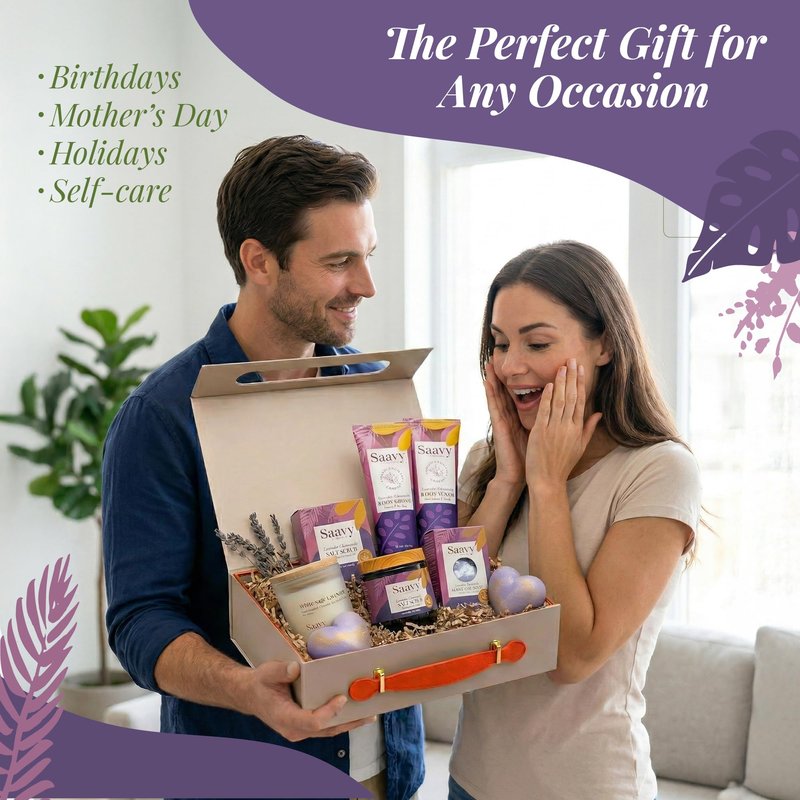 Saavy Naturals Spa Gift Basket, Relaxing Tahitian Vanilla Scented Gift Basket with Body Wash, Sugar Scrub, and More, Spa Self Care Gift Baskets for Women