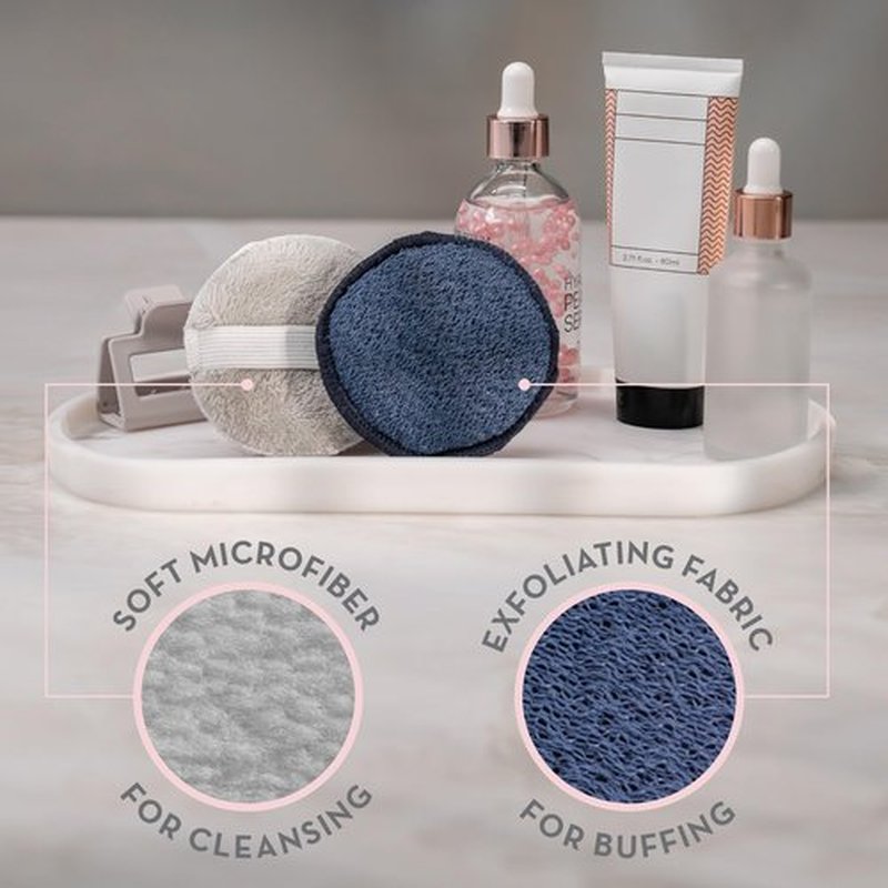 S&T INC. Gentle Face Scrubbers, Dual Sided Face Exfoliators with Elastic Strap, 3.3 Inch Diameter, 2 Pack, Navy/Grey