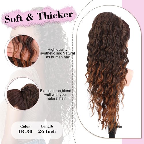 QGZ Curly Ponytail Extension,Drawstring Ponytail for Black Women 26 Inch Synthetic Long Afro Curly Fluffy Ponytail Hairpiece for Daily Use(T1B/30)