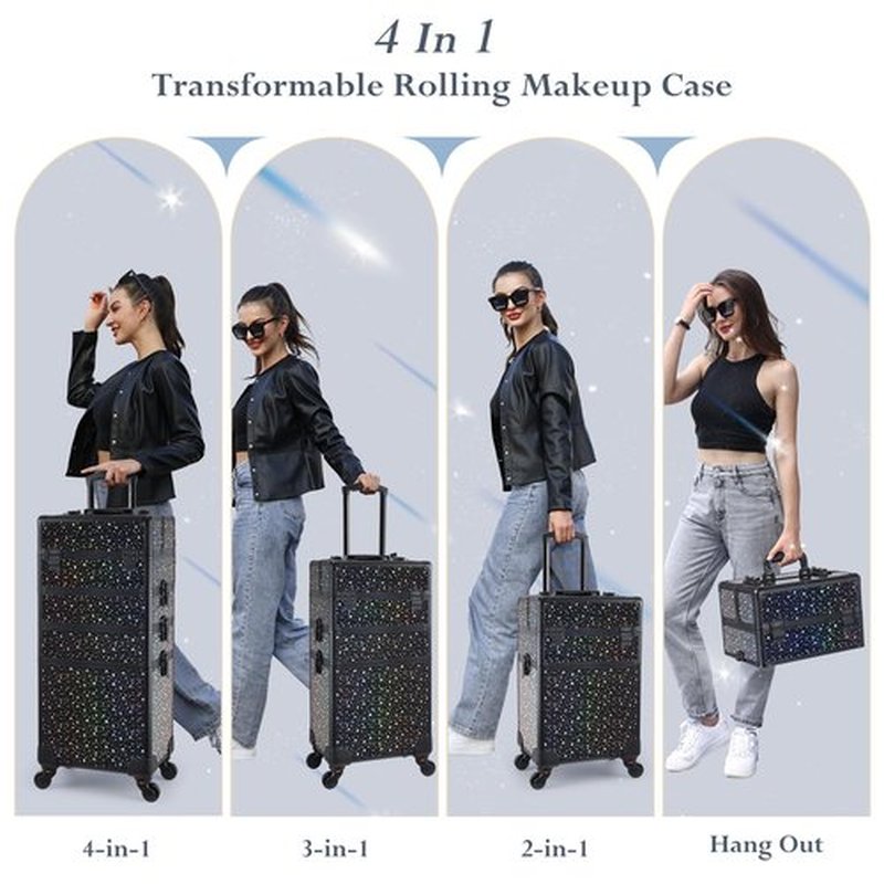 Stagiant Rolling Makeup Train Case Large Storage Cosmetic Trolley 4 in 1 Large Capacity Trolley Makeup Travel Case with Key Swivel Wheels Salon Barber Case Traveling Cart Trunk