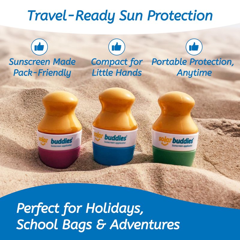 Solar Buddies Grab & Go Travel Bundle, Carabina Clip & Cleaning Brush - Single Full Red - Refillable Roll on Sponge Sunscreen, Suncream & Lotion Applicator For Kids, Adults & Families - Holds 100ml
