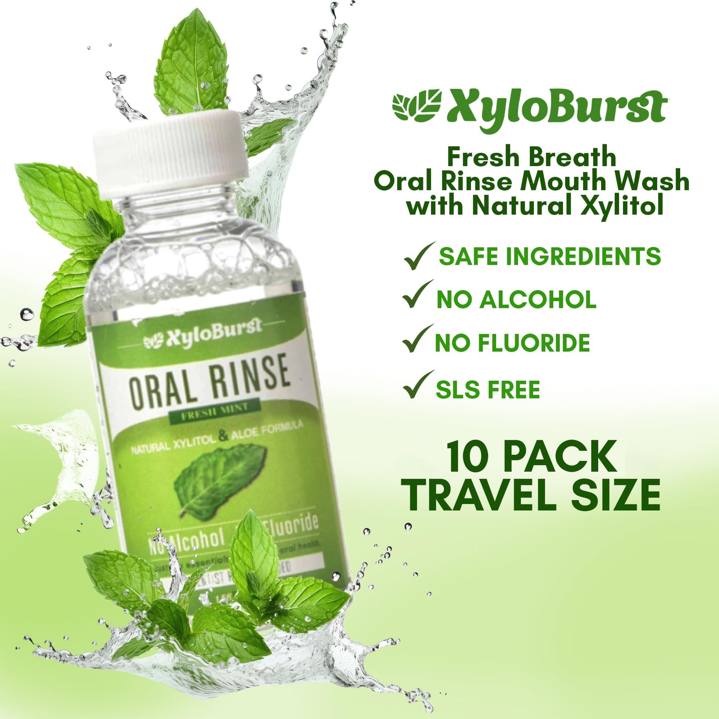 Xyloburst Oral Rinse Mouthwash - Natural Xylitol Mouthwash | Fluoride Free Mouth Wash | Alcohol Free Mouthwash | Fresh Mint Mouth Rinse | SLS Free | Travel 10-Pack
