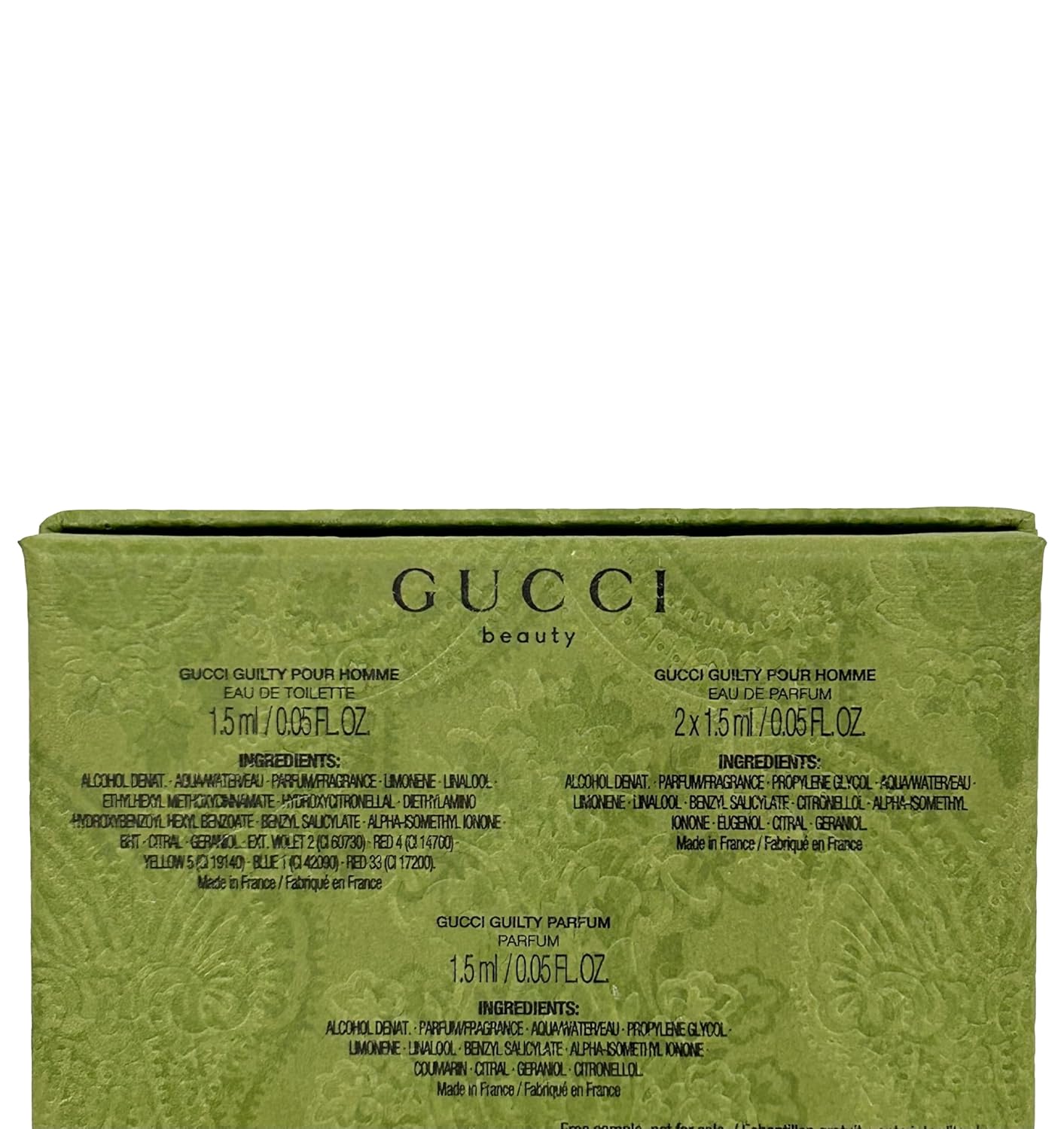 Gucci GUILTY Sample Perfume MEN GIFT SET Guilty Pour Homme EDT, Guilty Parfum, 2 x Guilty Pour Homme - 1.5 ml / 0.05 oz - set of 4 spray samples (9094)
