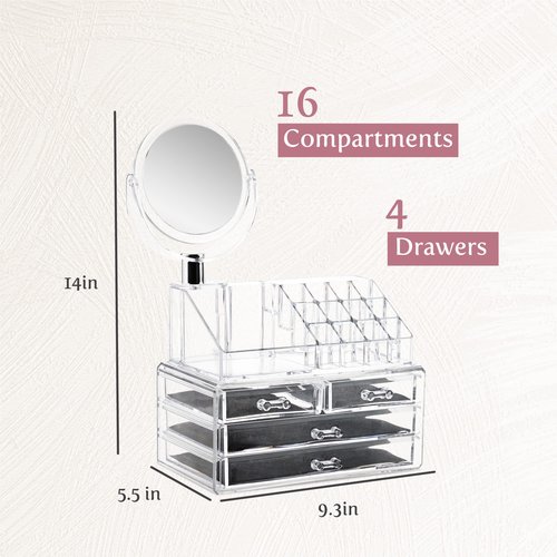 Masisrs Clear Makeup Organizer With Mirror - Cosmetic Storage Organizer - 16 Compartments - Easily Sort Make Up & Jewelry - 4 Drawer Vanity Organizer - Elegant Look - Clear Design - Makeup Holder