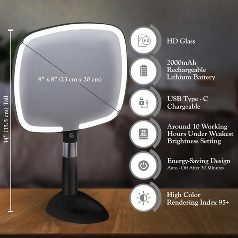 MIRRORVANA Lighted Travel Makeup Mirror - 2 in 1 Handheld & Tabletop LED Mirror with 3 Light Modes, Detachable Stand, and Comfy Handle - 9" x 13" (Black)