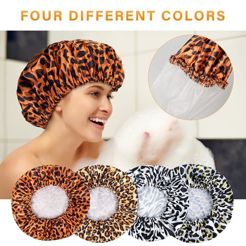 AmazerBath Shower Cap for Women, 4 Pieces Waterproof Shower Caps, Fashionable Reusable Bath Caps, EVA Hair Cap for Double Waterproof Layers Elastic Bathing Hat for Ladies Spa Salon, Medium Size