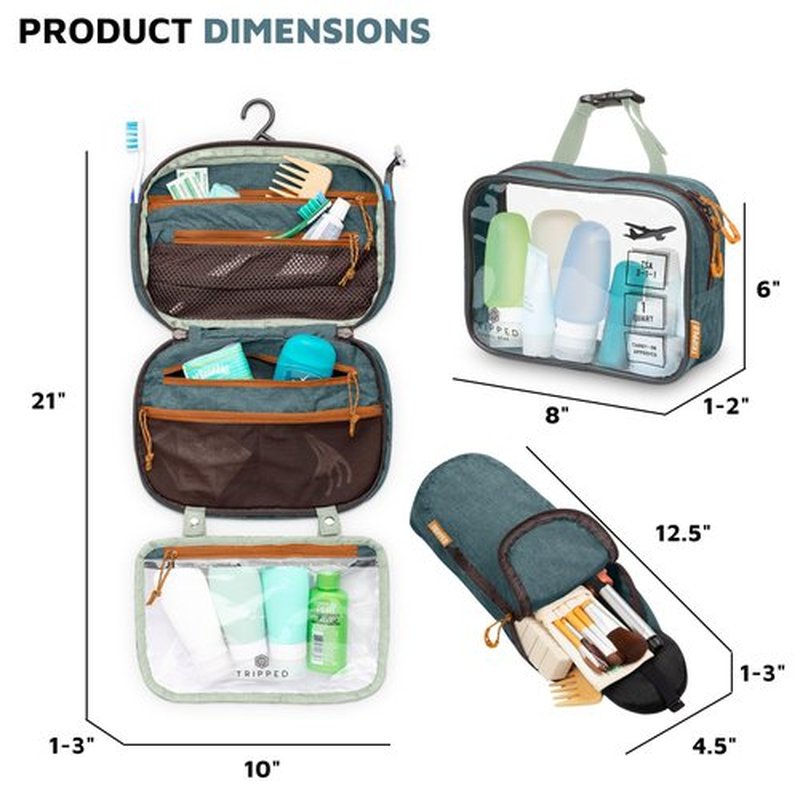 Toiletry Bag Kit Set: Hanging Travel Toiletry Bag + 311 TSA Cosmetic Liquid Bag + Ultralight Accessory Organizer Pouch (Green)