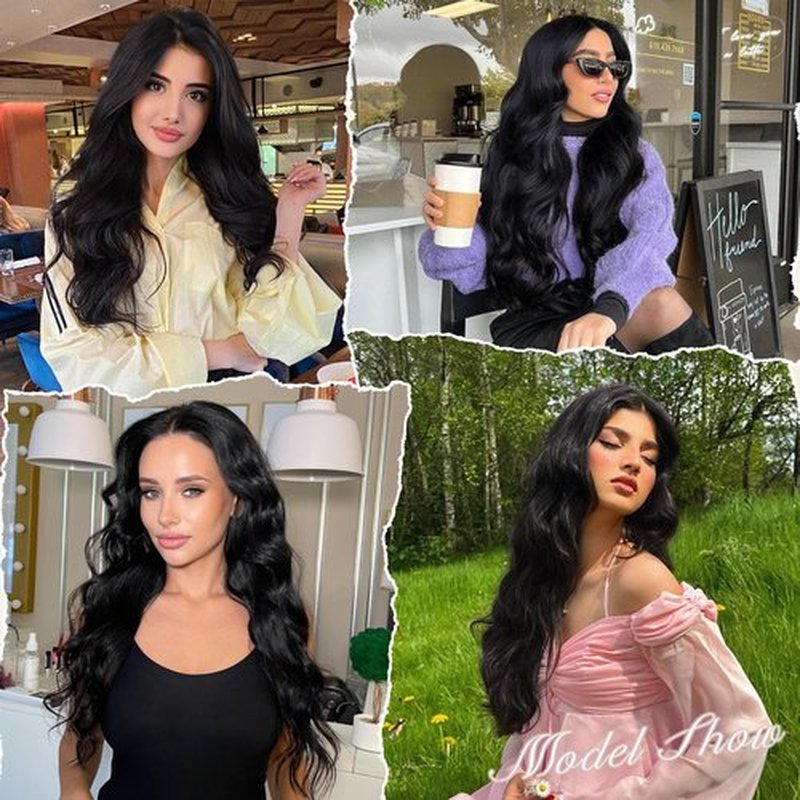 ALXNAN 4PCS Hair Extensions,Clip in Black Hair Extensions,Long Wavy Natural Soft Synthetic Hairpieces for Women