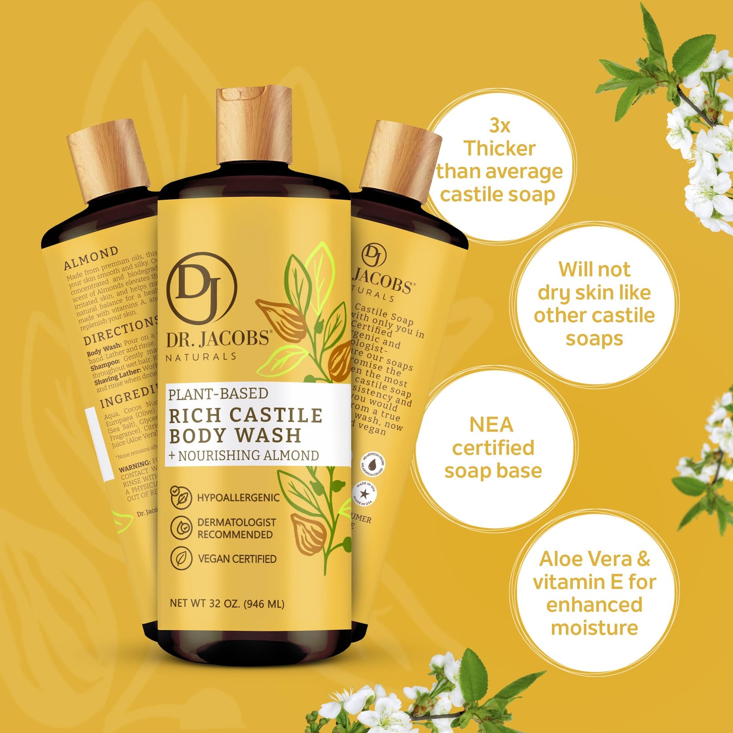 DR. JACOBS NATURALS Castile Almond All-Natural Body Wash for Moisturizing Dry and Sensitive Skin Shampoo with Plant-Based Ingredients Gluten, Preservatives-Free Formula - 16 oz, Pack of 2